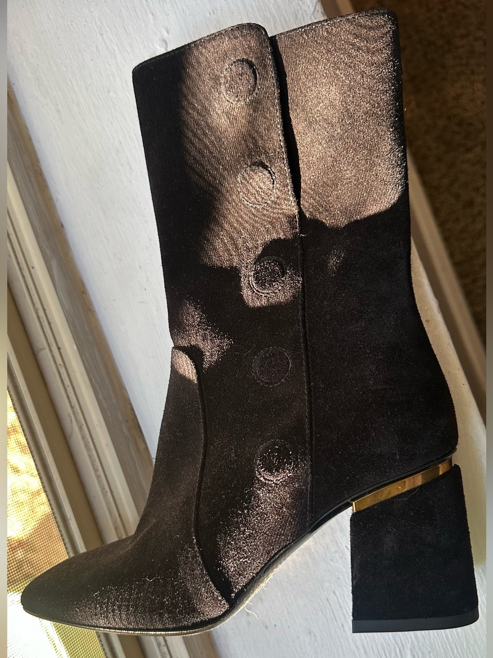 Tod's Black Suede Mid-Calf Block Heel Boots with Gold Accent